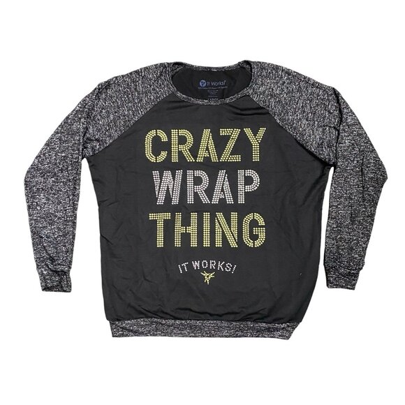 It Works! Distributor Shirt Womens L Crazy Wrap Thing Black Gray Raglan Sleeve - Picture 2 of 10